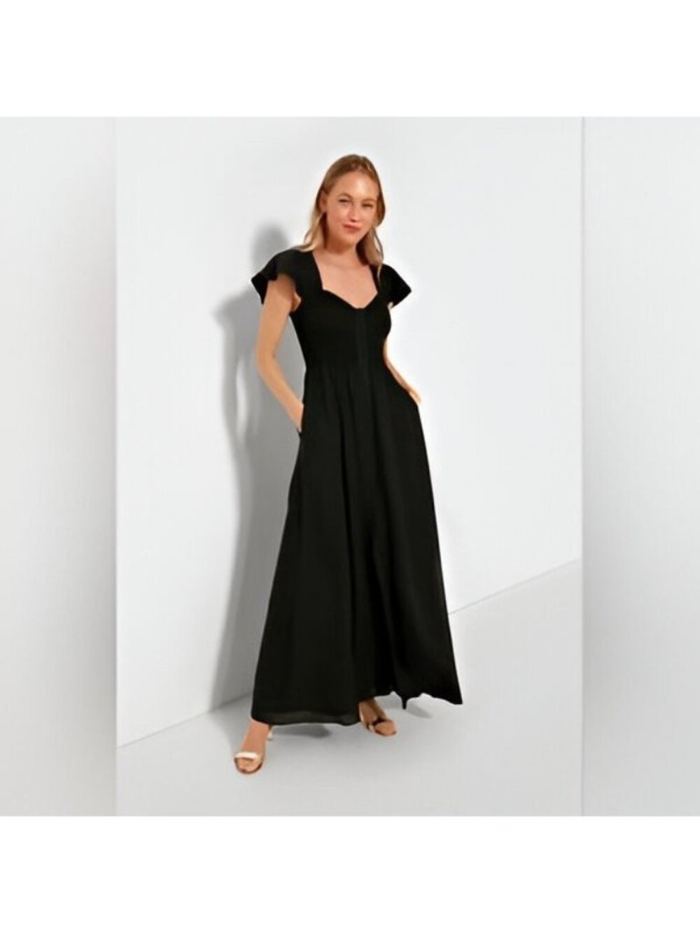 Pomander Place by Tuckernuck Black Phoebe Maxi Dress Smocked Corset Flutter XXS